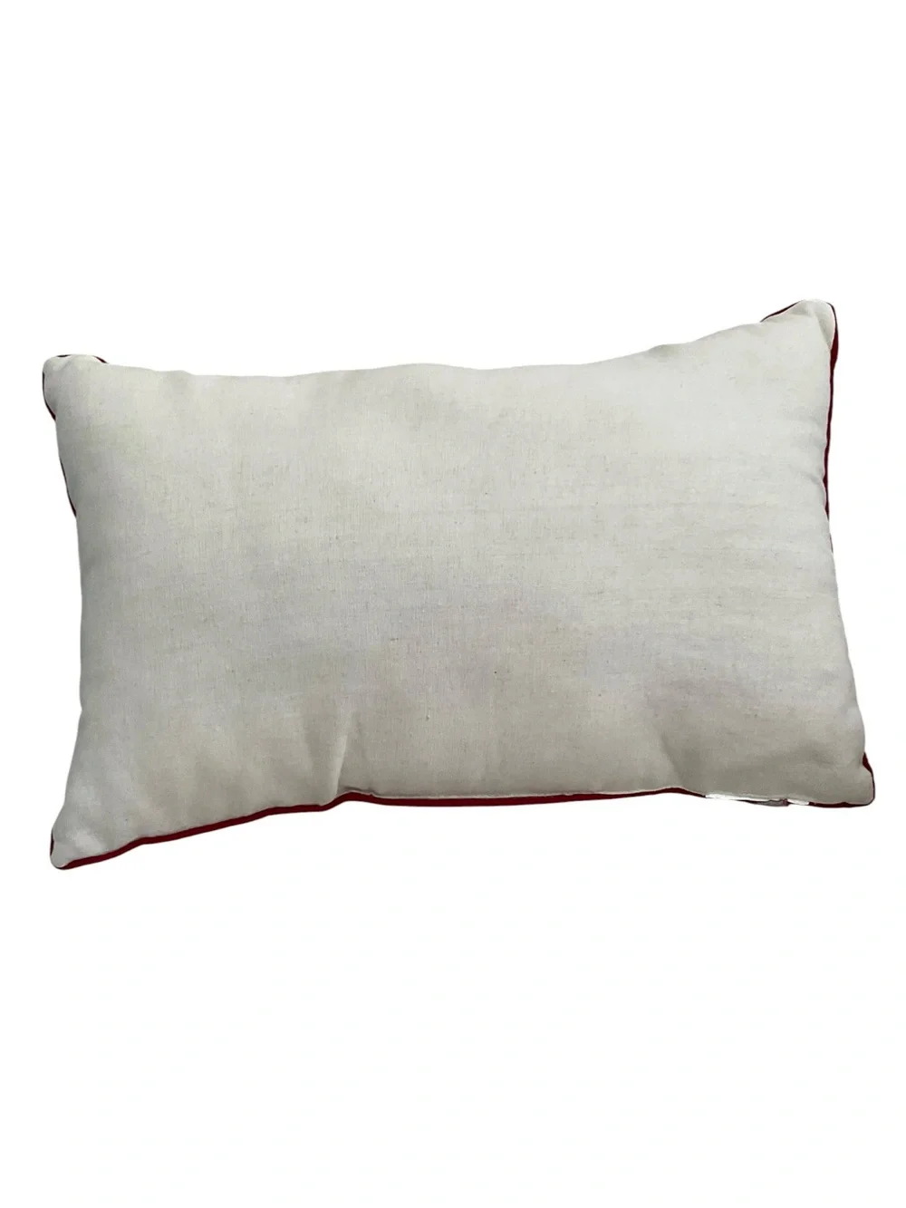 QWLS Pillow Lumbar Neutral Linen With Red Trim And Flower Appliqués VGC